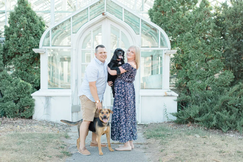 Cute Dog Poses with Couple - Summer Engagement Session inspiration - Neutrals, Blues, Flowy Dress - Floral Print Navy - Grey Loft Studio - Ottawa Wedding Photographer - Wedding Videographer - Fun, Natural, Bright Photo Video Team. - Photographe - Greyloft - Ottawa Engagement Pictures