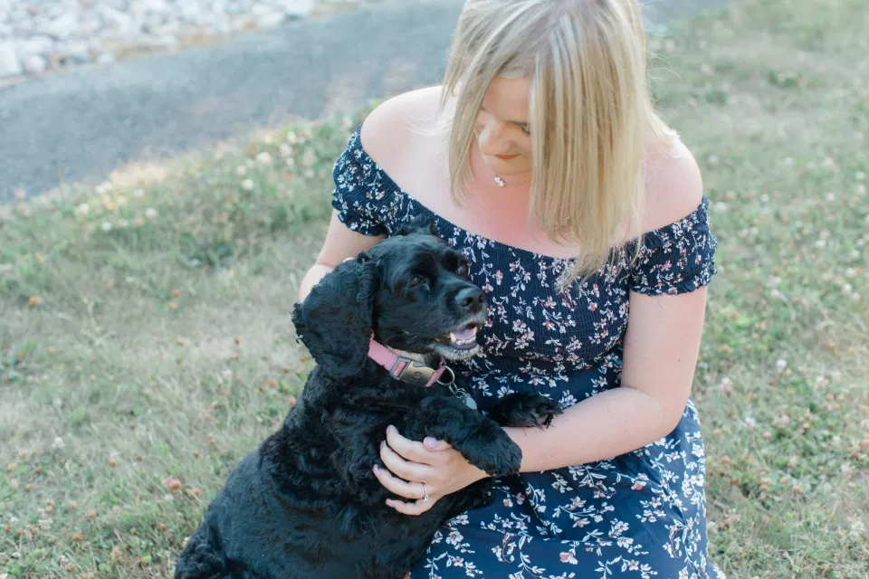 Doggie Love - Summer Engagement Session inspiration - Neutrals, Blues, Flowy Dress - Floral Print Navy - Grey Loft Studio - Ottawa Wedding Photographer - Wedding Videographer - Fun, Natural, Bright Photo Video Team. - Photographe - Greyloft - Ottawa Engagement Pictures