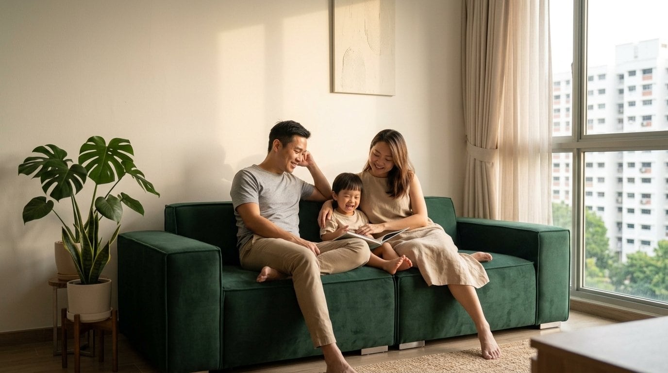 A family relaxing on the Skylar in a Singapore living room