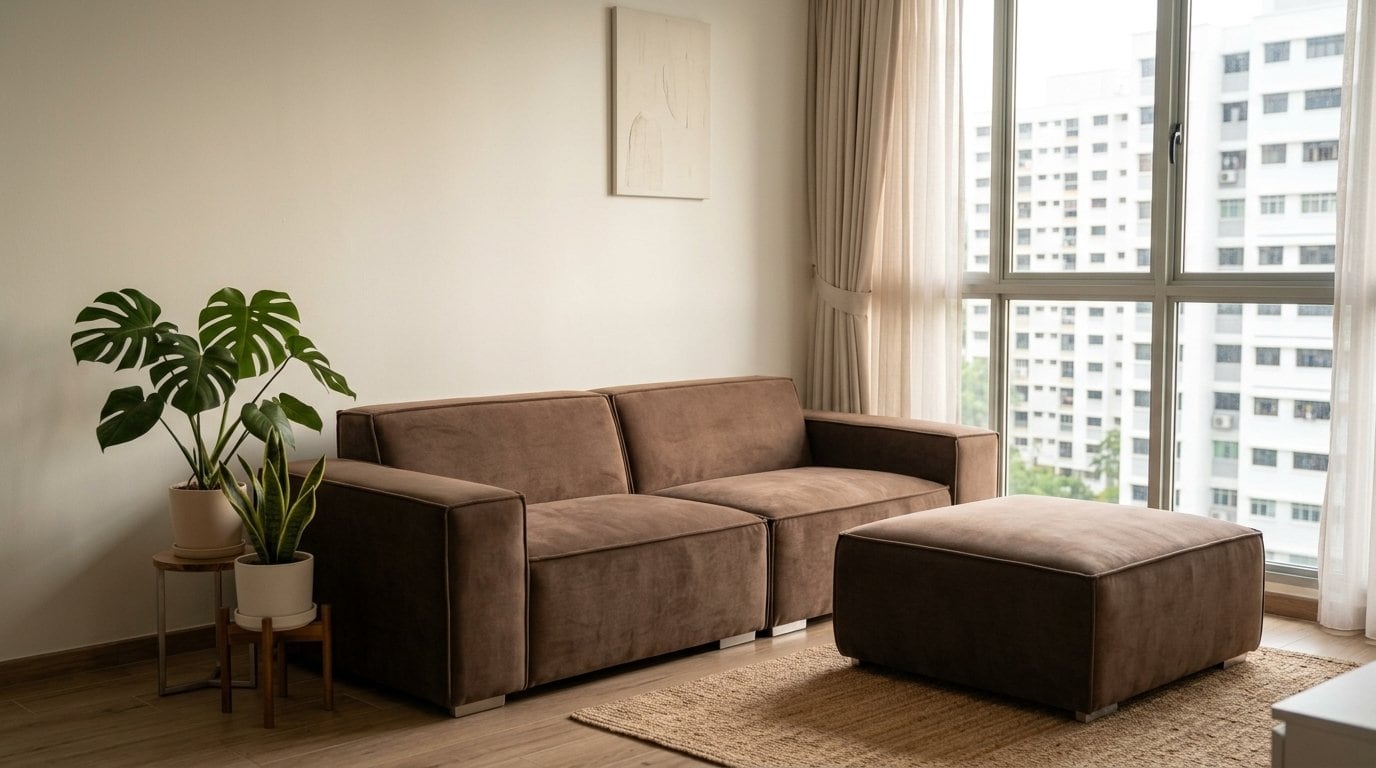 Skylar in Mocha Hydrotex in a compact Singapore living room