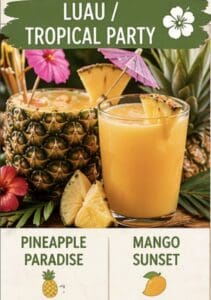 Colorful tropical drinks with pineapple and mango garnishes, perfect for luau or tiki-themed parties.