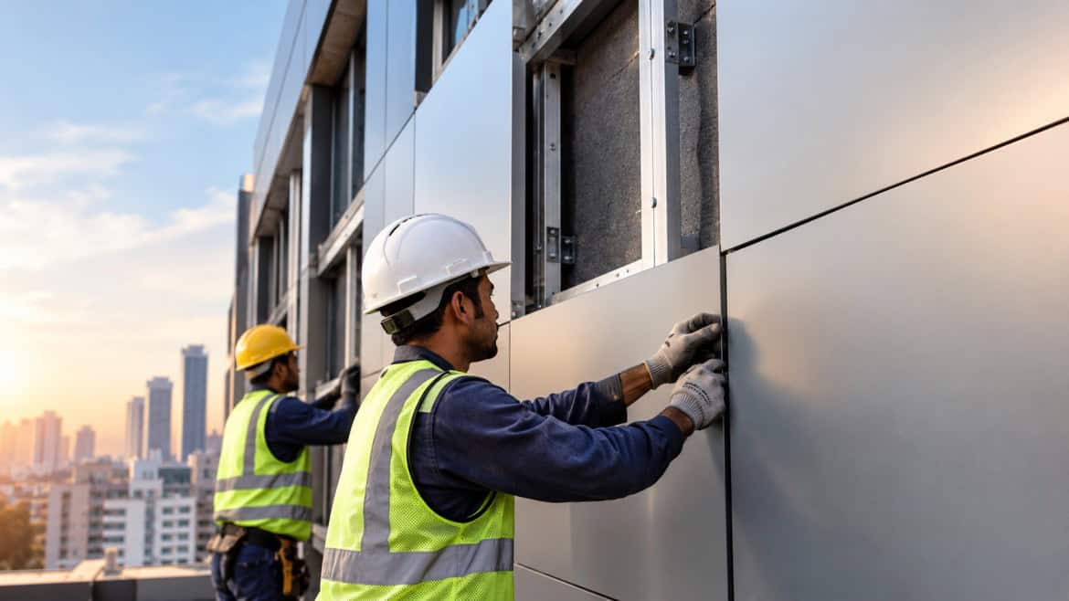 Two construction workers in hard hats and high visibility vests install metal wall panels on a building exterior at sunset
