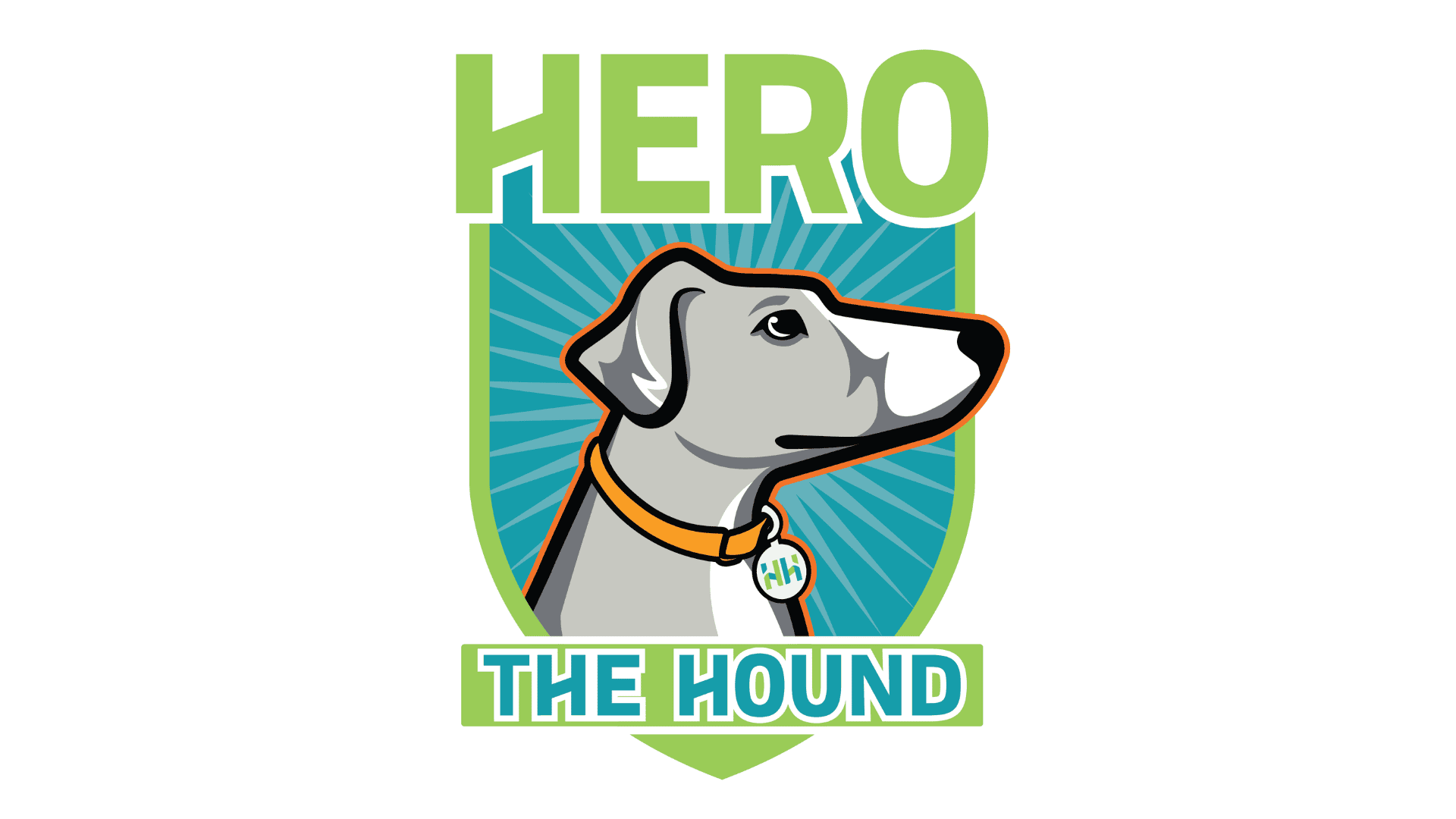 Illustration of a gray dog with a white face and black details, wearing an orange collar with an "Hh" tag. The dog is centered on a blue and green shield with "HERO" in large green text above and "THE HOUND" in white text on a green banner below.