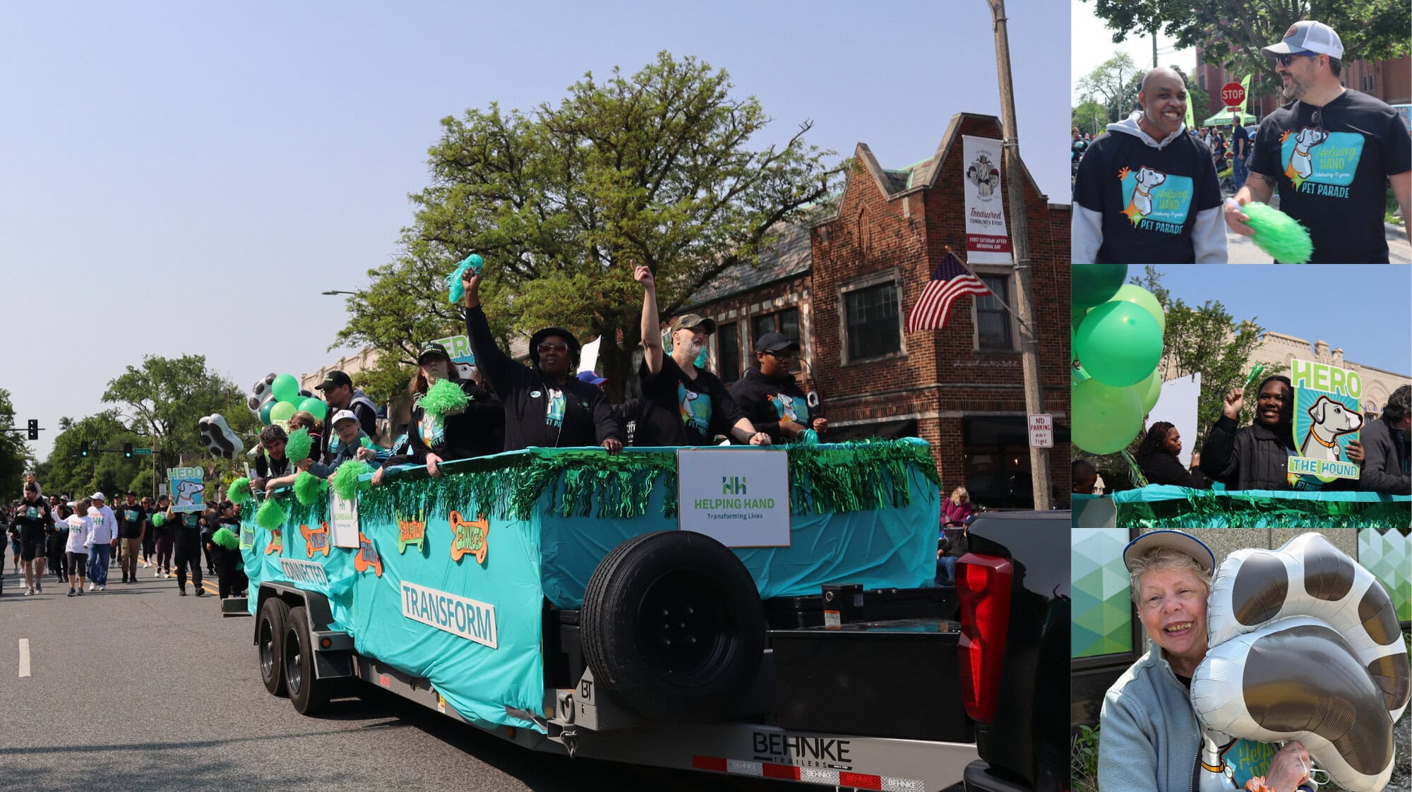 A colorful parade float decorated with green fringe and “Helping Hand” signs moves down a street. People on the float wave, hold pom-poms, and balloons. Smaller images show close-ups of smiling participants and parade balloons.