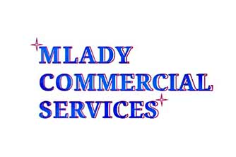 Blue and red text on a white background reads “MLADY COMMERCIAL SERVICES” with small star accents near the first and last letters.