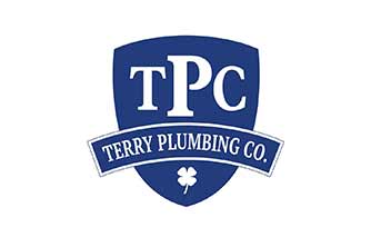 Blue shield logo with large white letters "TPC" above a banner reading "Terry Plumbing Co." in white text. A small white clover is below the banner inside the shield.