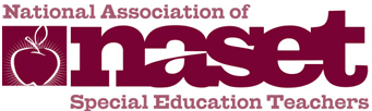 Logo of the National Association of Special Education Teachers (NASET), featuring a large maroon "naset" with an apple graphic inside the "n" and text above and below describing the organization.