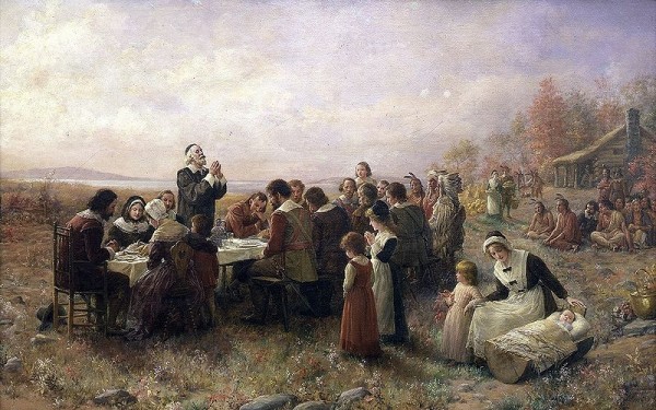 The First Thanksgiving at Plymouth by Jennie A. Brownscombe (1914)