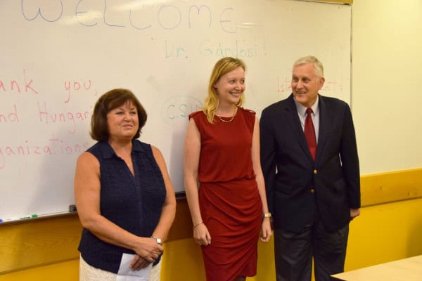 T. Marika Megyimóri, Vice President of the United Hungarian Societies, Dr. Rita Gárdosi, and Dr. Greg Sadlek, Dean of the College of Liberal Arts and Social Sciences at CSU. 