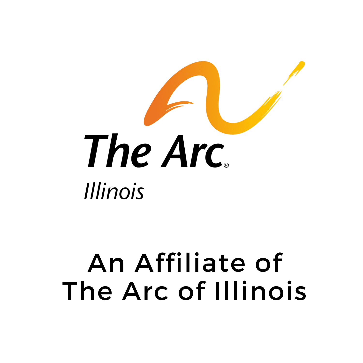 The Arc of Illinois logo with an orange and yellow swoosh above the text “The Arc Illinois” and below, the words “An Affiliate of The Arc of Illinois” in black on a white background.