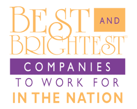 “Best and Brightest Companies to Work For in the Nation” logo in orange, yellow, and purple text on a white background.