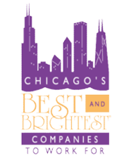 A purple and yellow logo with a Chicago skyline silhouette and the text "Chicago's Best and Brightest Companies to Work For.