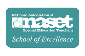 Teal rectangle logo with white text: "National Association of Special Education Teachers (NASET) School of Excellence." An apple icon appears next to "naset.