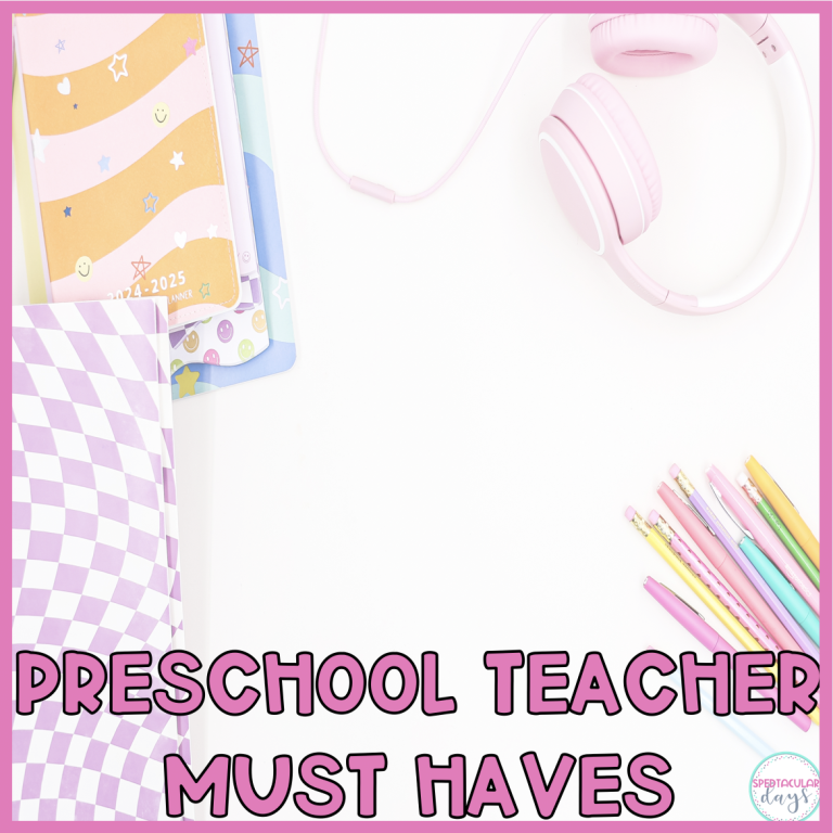 A background with brightly colored school supplies with the title Preschool Teacher Must Haves in pink
