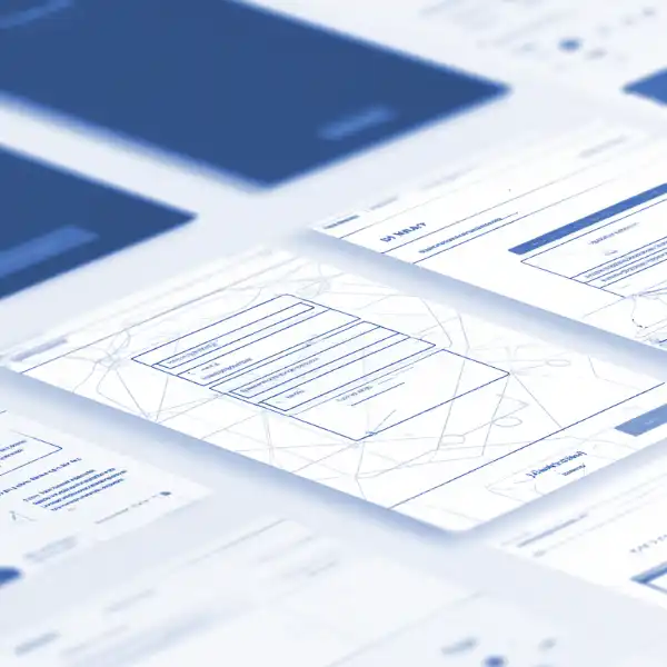Abstract architectural wireframe system with layered hierarchy and subtle blue accent indicating structural organization