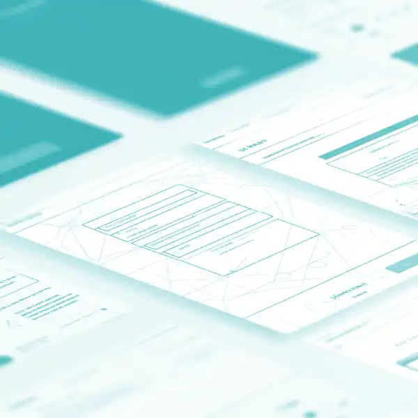 Abstract architectural wireframe system with aligned layers and subtle teal accent indicating directional flow
