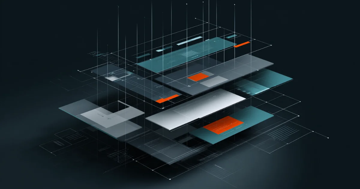 Layered website wireframe structure with six offset schematic panels in Authority Pilot brand colors, showing modular hierarchy and system layering