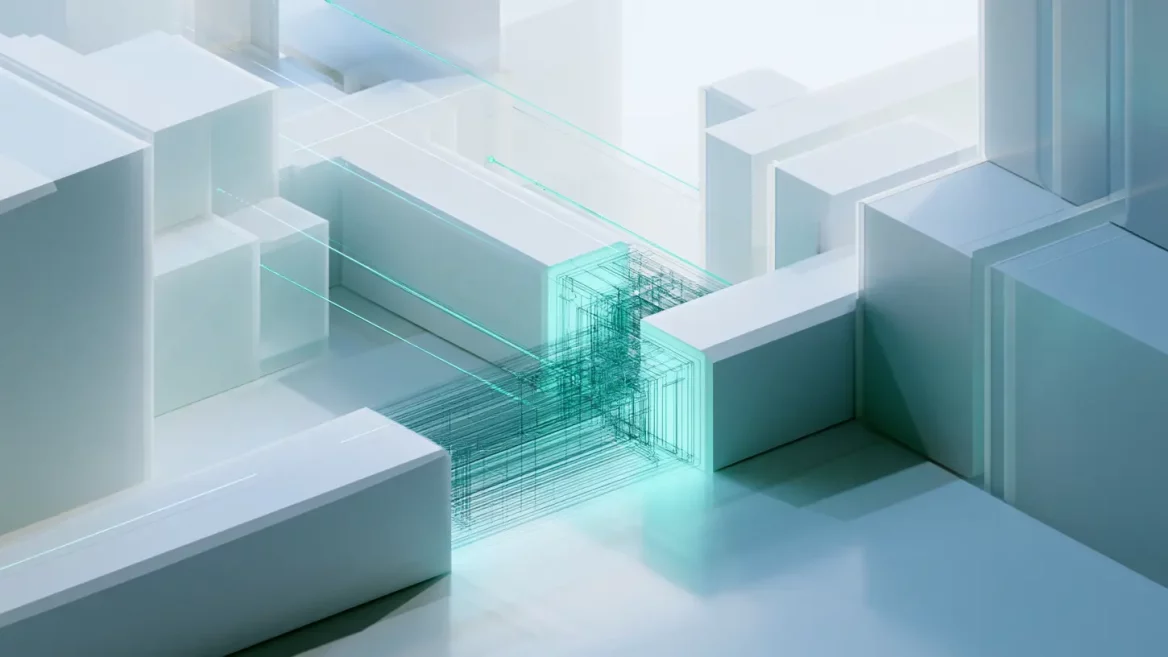 Isometric render of white architectural blocks with a glowing teal wireframe path running between them, dissolving into a tangled knot before reaching the far structure