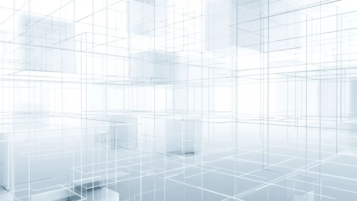 Bright white abstract wireframe grid extending through a symmetrical, glass-like architectural space