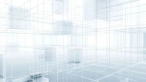 Bright white abstract wireframe grid extending through a symmetrical, glass-like architectural space
