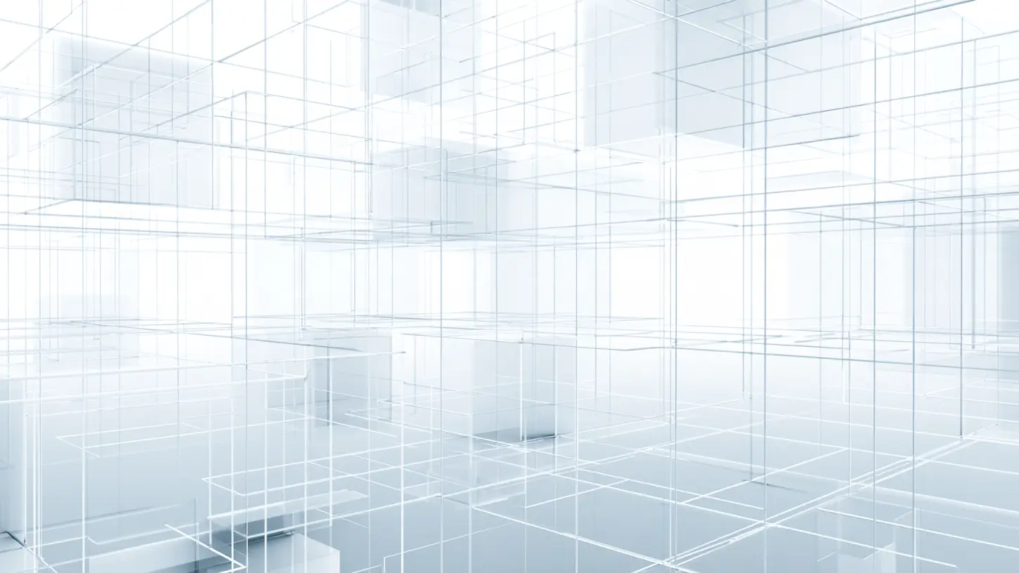 Bright white abstract wireframe grid extending through a symmetrical, glass-like architectural space