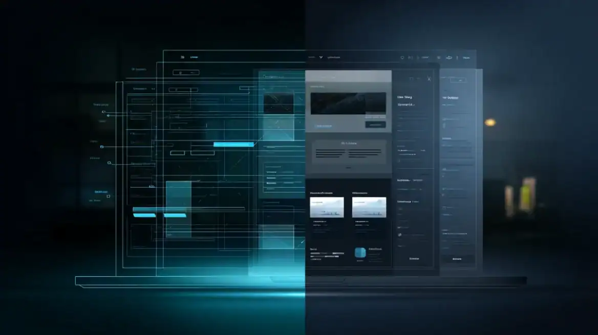 Split view showing website wireframe structure on the left and a finished website interface on the right, illustrating how site structure translates into execution.