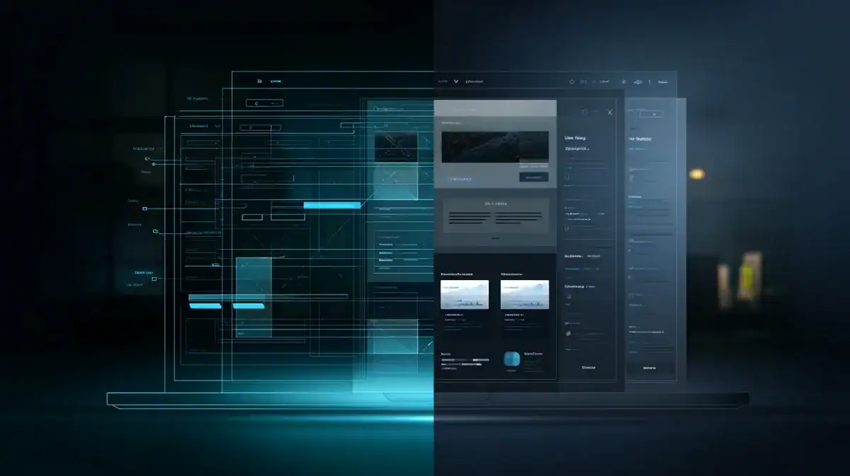 Split view showing website wireframe structure on the left and a finished website interface on the right, illustrating how site structure translates into execution.