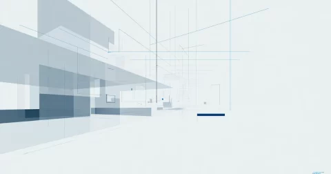 Minimal abstract graphic with large white space and a single subtle blue line suggesting website structure and layout discipline