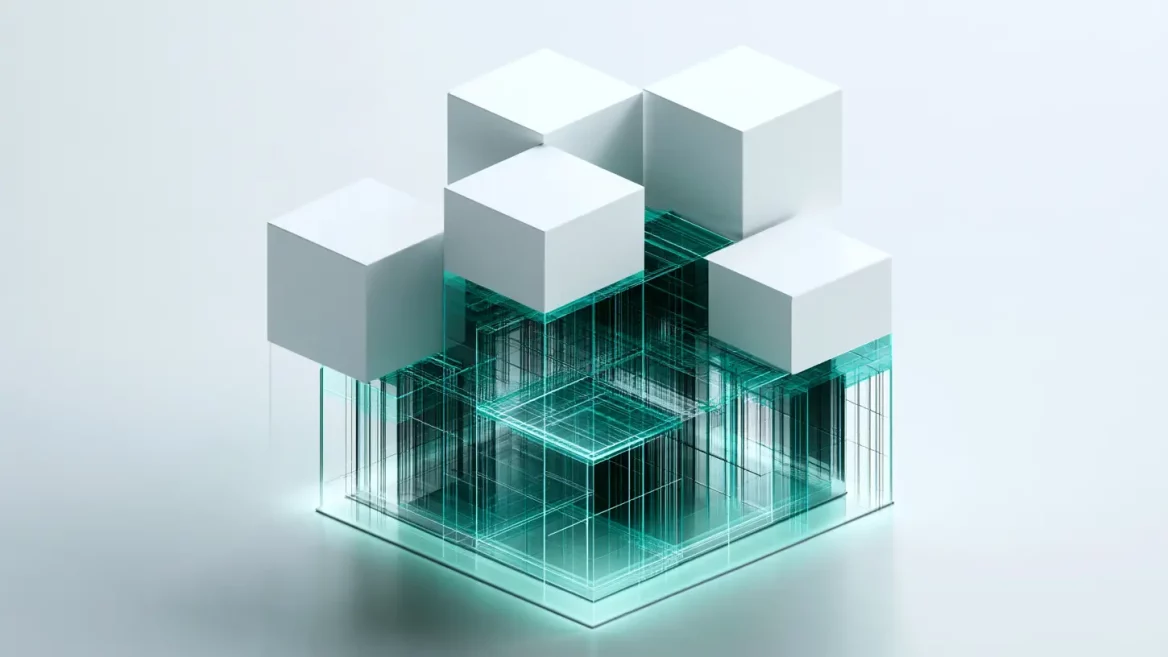 Isometric render of solid white cubes floating above a glowing teal wireframe grid, suggesting a visible structure resting on a hidden layer beneath it