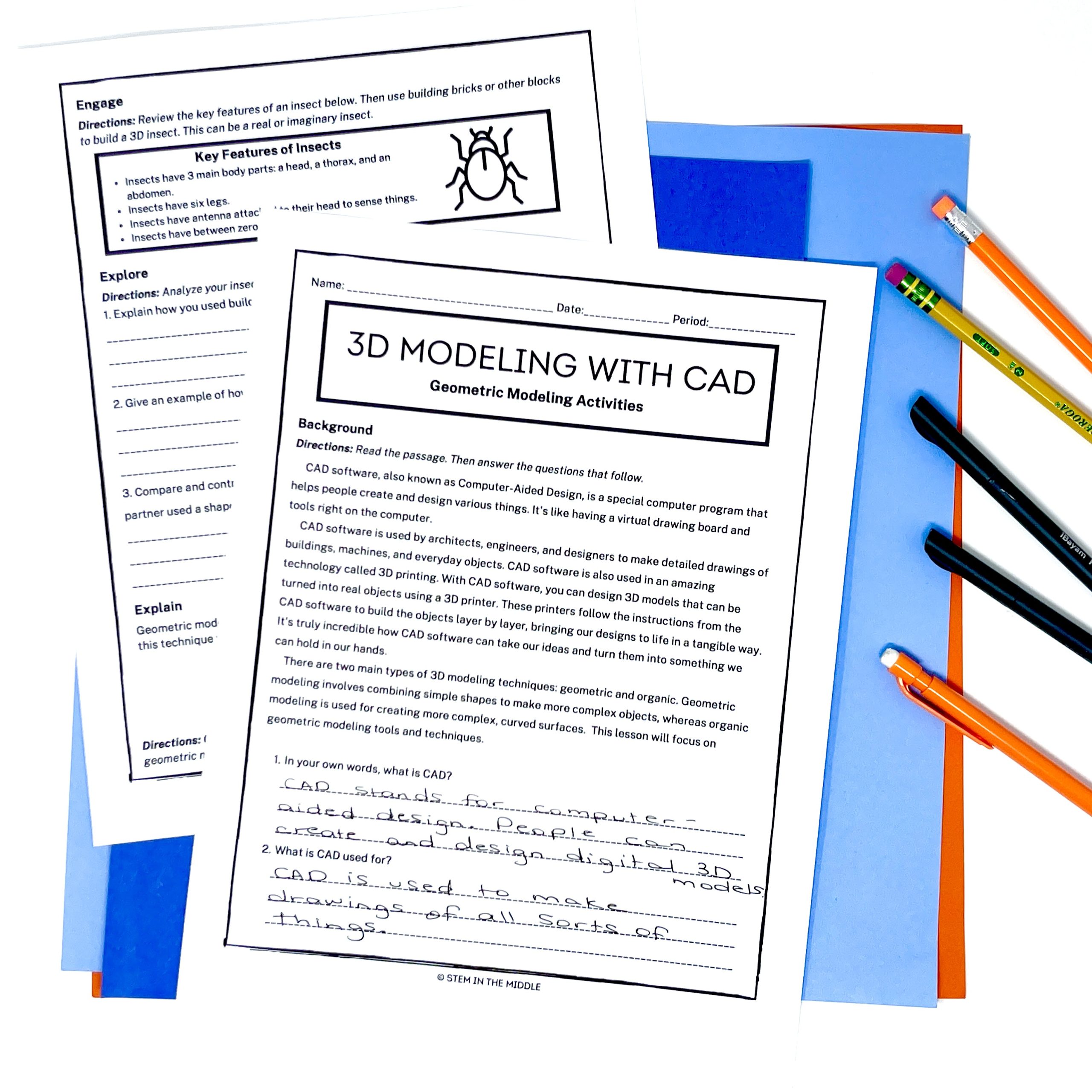 The image shows a worksheet titled "3D Modeling with CAD."