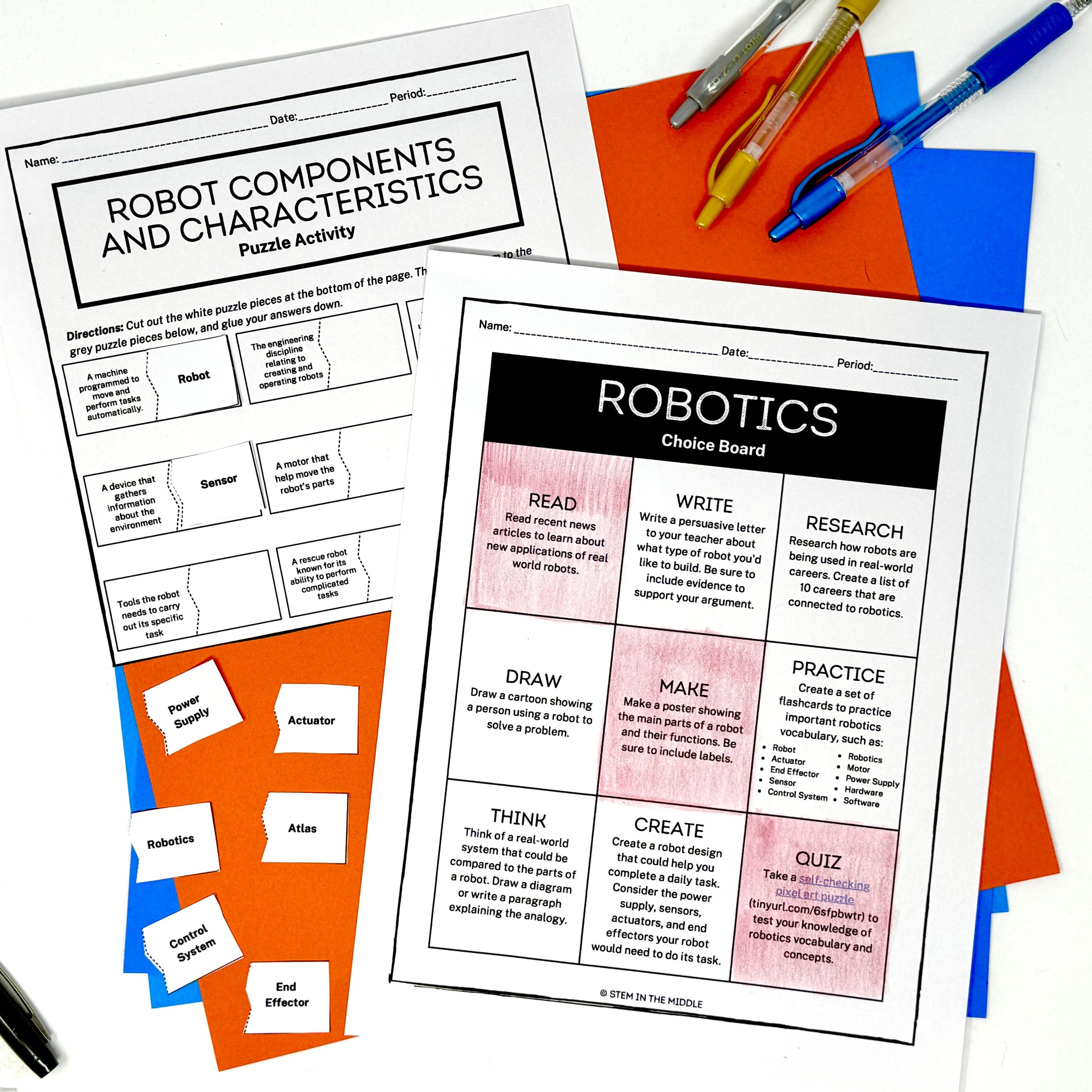 This image shows a worksheet titled "Robotics Choice Board." Several boxes are colored in. It's surrounded by school supplies.