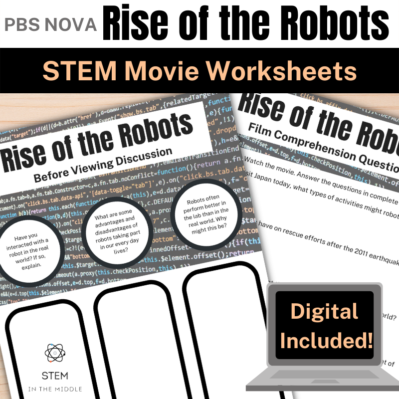 This image shows worksheets titled "Rise of the Robots." The text reads "PBS NOVA Rise of the Robots" and "STEM Movie Worksheets."