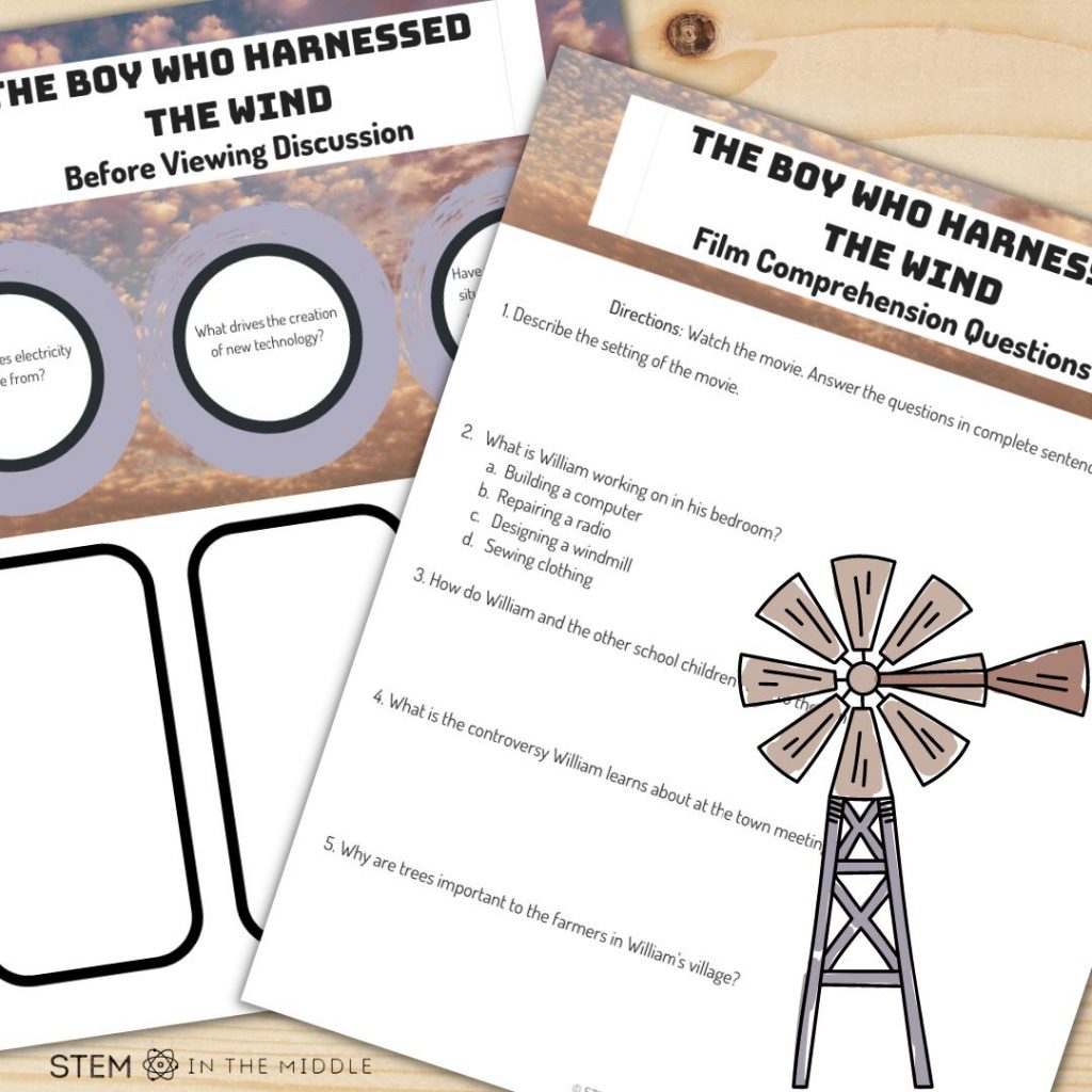 This image shows a STEM Movie guide for The Boy Who Harnessed the Wind on a wooden desk.