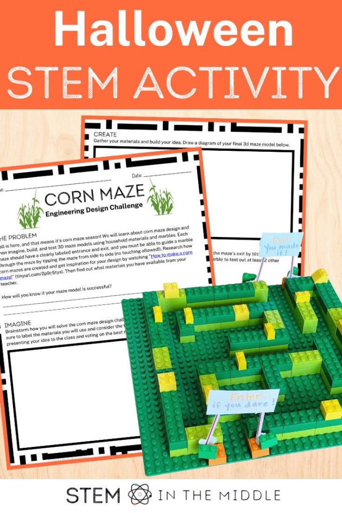 The image shows a worksheet titled "Corn Maze STEM Challenge" and shows a DIY Lego corn maze. The title reads "Halloween STEM Activity."