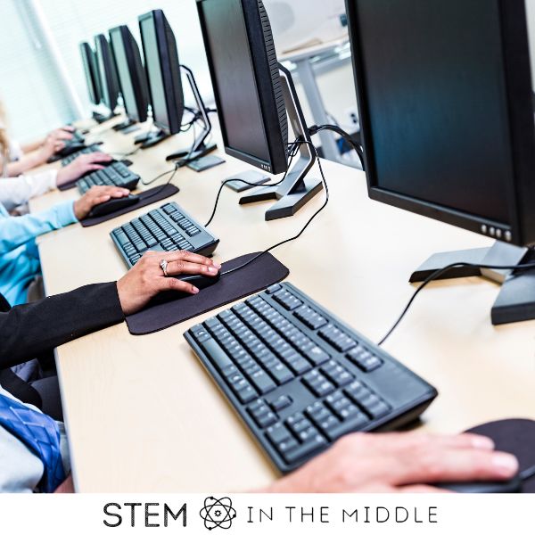 This image shows students working in a computer lab on desk top computers.