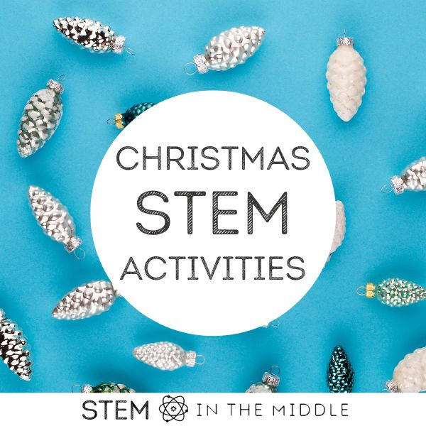 This image shows Christmas ornaments on a blue background. The text reads "Christmas STEM activities."