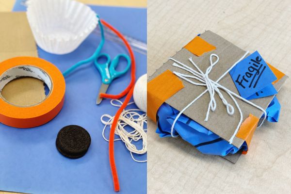This image shows a chocolate cookie surrounded by various craft supplies including scissors, coffee filters, pipe cleaners, tape, and cardboard on the left. On the right is a package created from the craft supplies labeled "fragile."