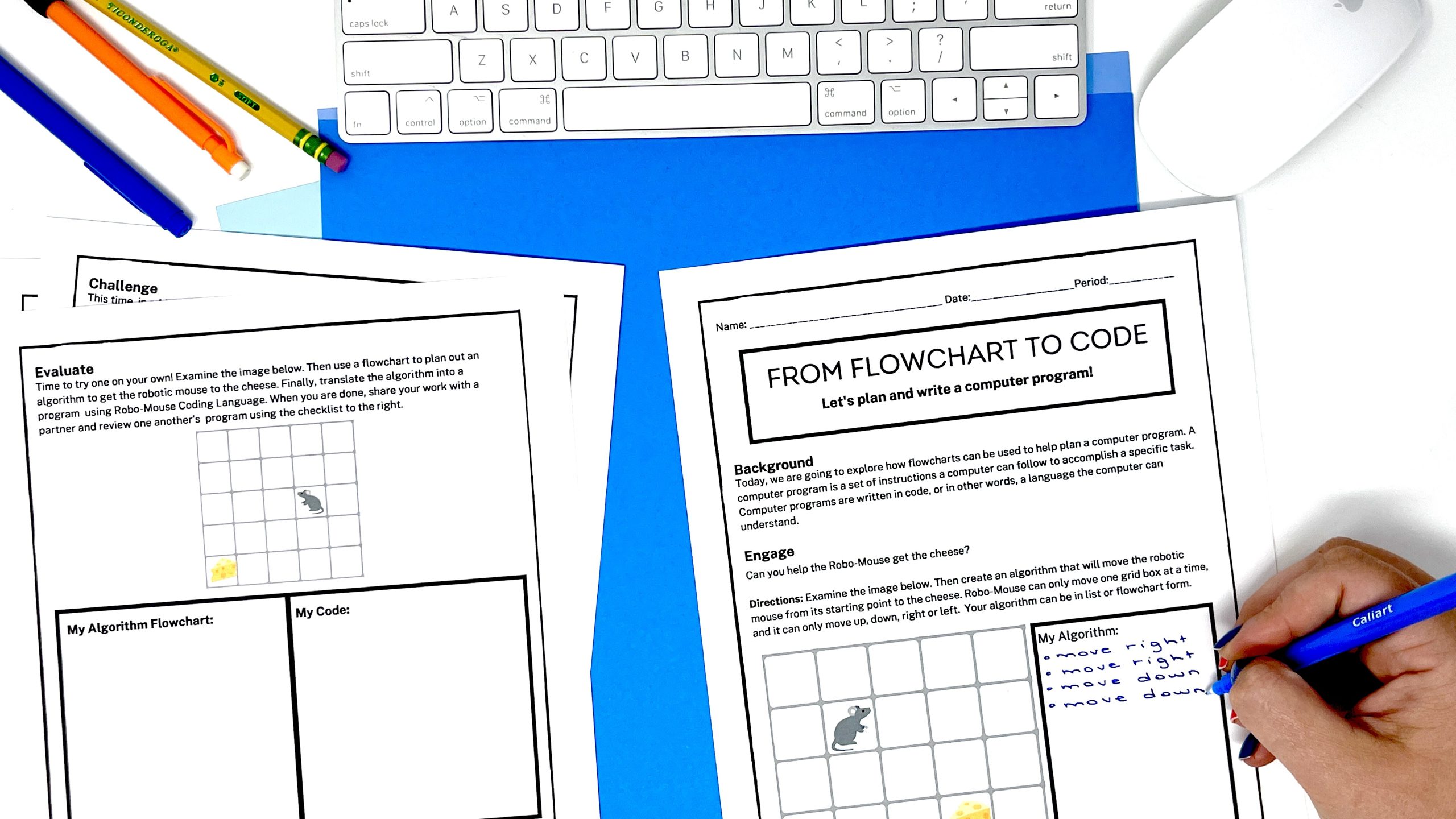 This image shows a three worksheets titled "From Flowchart to Code." There is a grid featuring a mouse and a block of cheese. A hand is recording steps the mouse must take to get to the cheese.