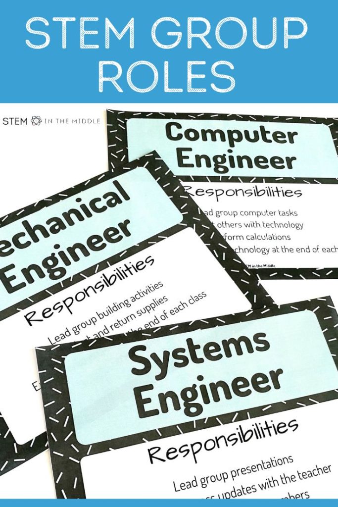 This image shows STEM group roles based on real-world STEM careers, including Systems Engineer, Mechanical Engineer, and Computer Engineer. The text reads "STEM Group Roles."