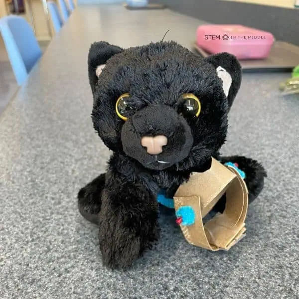 This image shows a black stuffed cat missing a front limb. It has a DIY prosthesis attached made from cardboard, pipe cleaners, and straws.