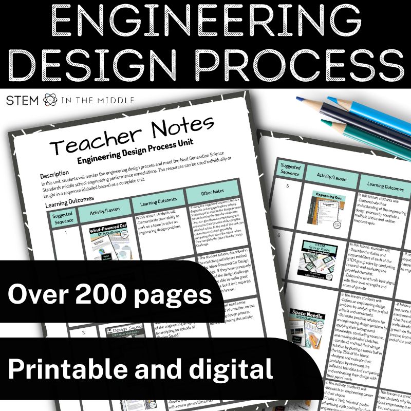This image shows a document titled "Teacher Nots: Engineering Design Process Unit." The text reads "Engineering Design Process, over 200 pages, print and digital."
