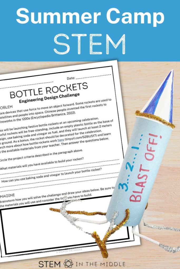 This image shows a DIY bottle rocket and a worksheet that reads "Bottle Rocket STEM Challenge." The text on the image says "Summer Camp STEM."