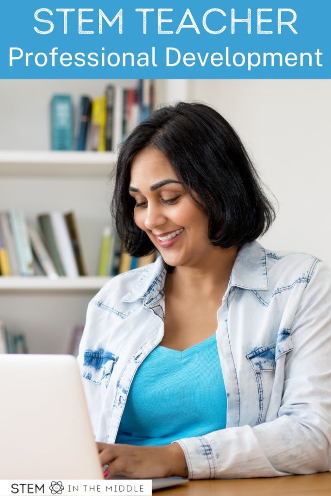 The image shows a woman working at her computer. The text reads "STEM Teacher Professional Development."