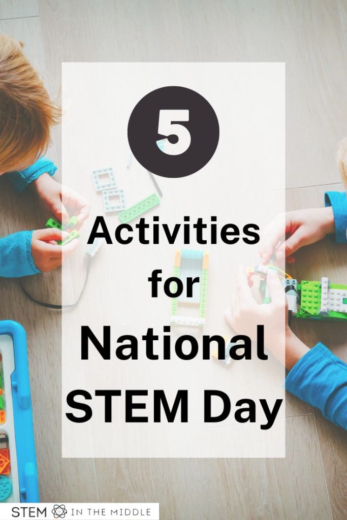 This image shows kids building with blocks. The text reads "5 Activities for National STEM Day."