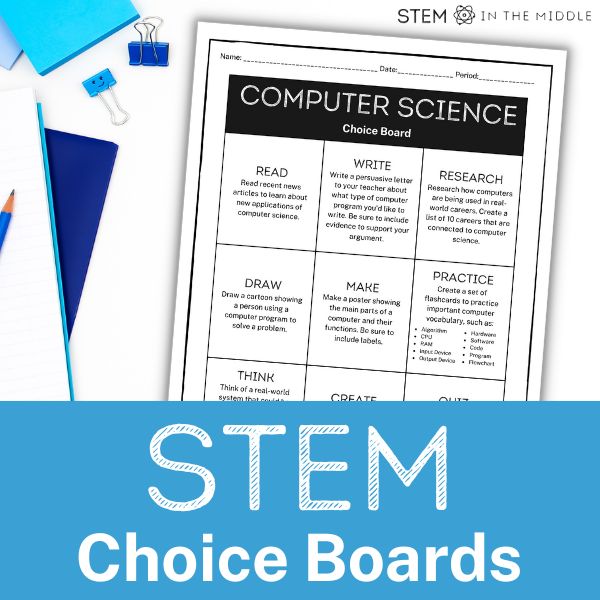This image shows a worksheet titled "Computer Science Choice Board." The text reads "STEM Choice Boards."