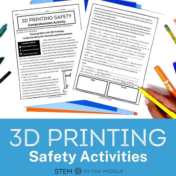This image shows a reading passage and comprehension questions titled "3D Printing Safety." The text reads "3D Printing Safety Activities."