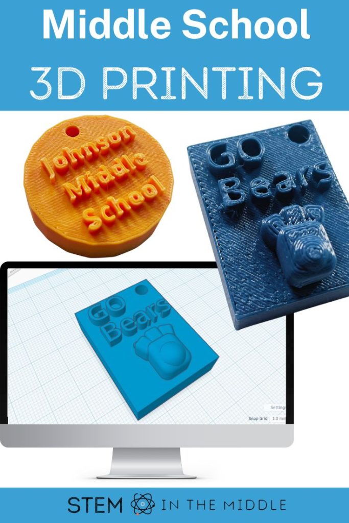This image shows a computer screen with a CAD design of a keychain wit a paw print that says "Go Bears." Next to the computer are two 3D printed keychains. One blue keychain that says "Go Bears" and an orange keychain that says "Johnson Middle School." The text reads, "Middle School 3D Printing."