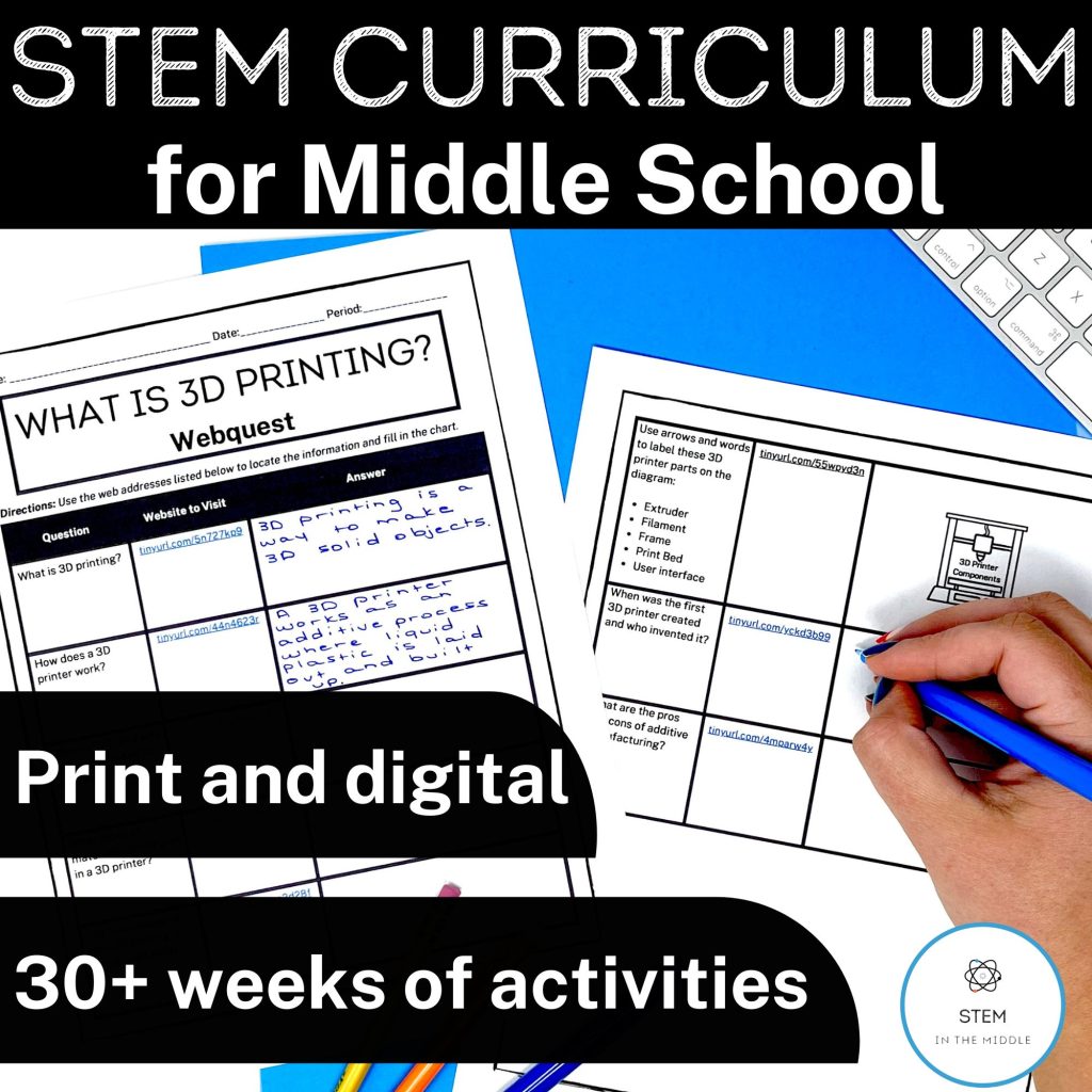 The text reads, "STEM Curriculum for Middle School: Print and digital, 30+ weeks of activities." The image shows a hand completing a worksheet titled "What is 3D printing?"