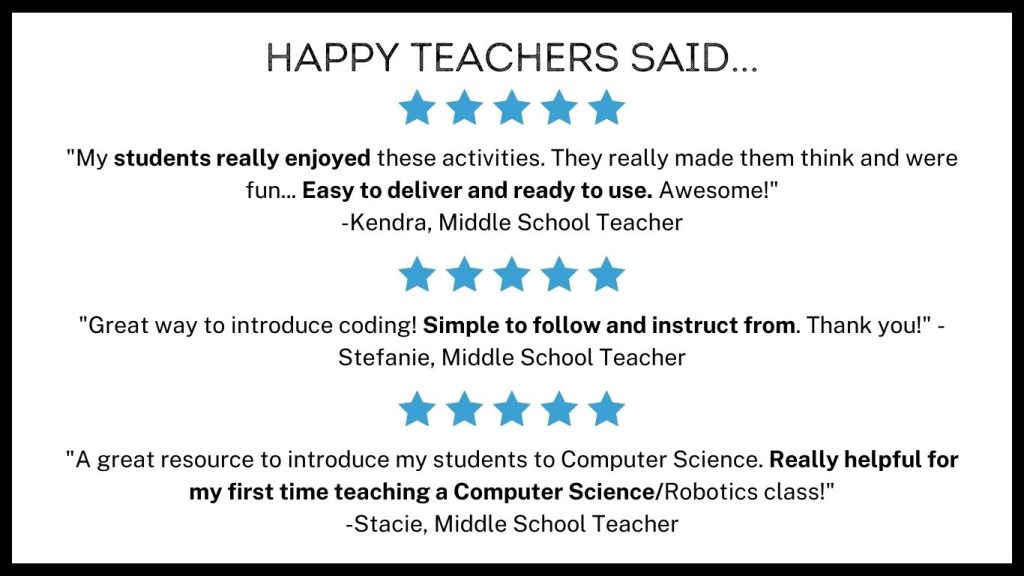 This images reads, "Happy teachers said..." and provides 3 teacher testimonials. The teachers say the computer science worksheets are fun, easy to use, and helpful for teachers who are new to the content.