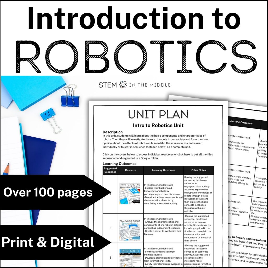 This image reads, "Introduction to Robotics: Over 100 pages, print and digital." The text shows papers titled "Unit Plan: Introduction to Robotics."